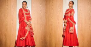 Sonakshi Sinha Photos: अनंत-राधिका को बधाई देने लाल अनारकली पहन पहुंची सोनाक्षी,