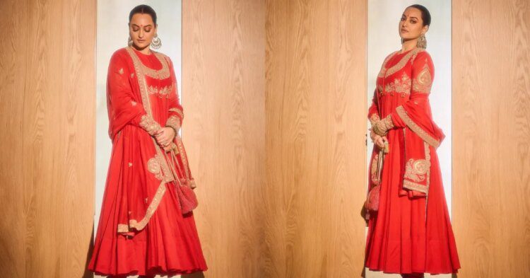 Sonakshi Sinha Photos: अनंत-राधिका को बधाई देने लाल अनारकली पहन पहुंची सोनाक्षी,