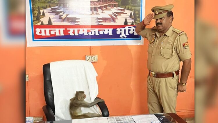 अयोध्या: पुलिस अधिकारी की कुर्सी पर आकर बैठ गया बंदर, अफसर ने दी सलामी,