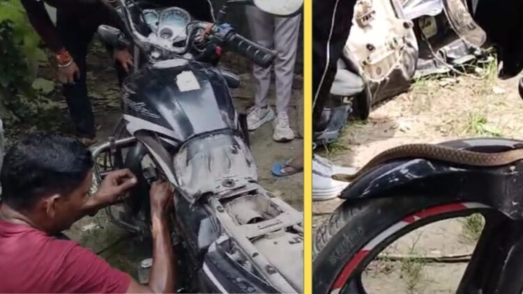 डीएम ऑफिस के बाहर बाइक में घुसा सांप, देखते ही चिल्ला उठे लोग