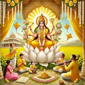 बसंत पंचमी 2025, माँ सरस्वती पूजा, पीले फूलों के साथ सरस्वती जी की तस्वीर