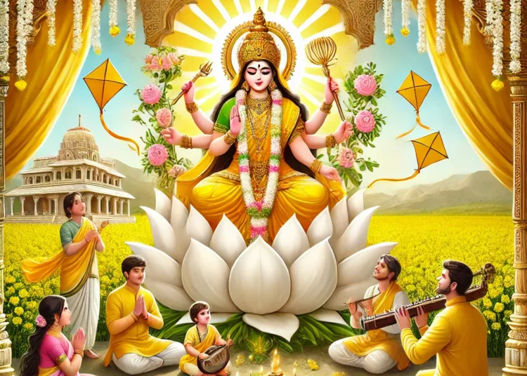 बसंत पंचमी 2025, माँ सरस्वती पूजा, पीले फूलों के साथ सरस्वती जी की तस्वीर