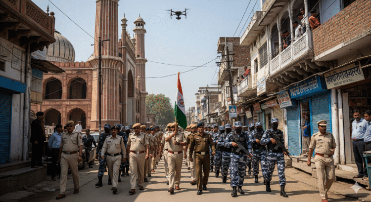 Sambhal Survey Violence: एक साल बाद संभल में पुलिस का फ्लैग मार्च, जामा मस्जिद पर ड्रोन से निगरानी 1 Sambhal Violence Survey Anniversary