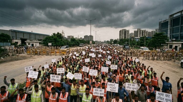 Noida Workers Protest: 40,000+ श्रमिकों का विशाल प्रदर्शन, Wage Hike की मांग 25 Noida Workers Protest