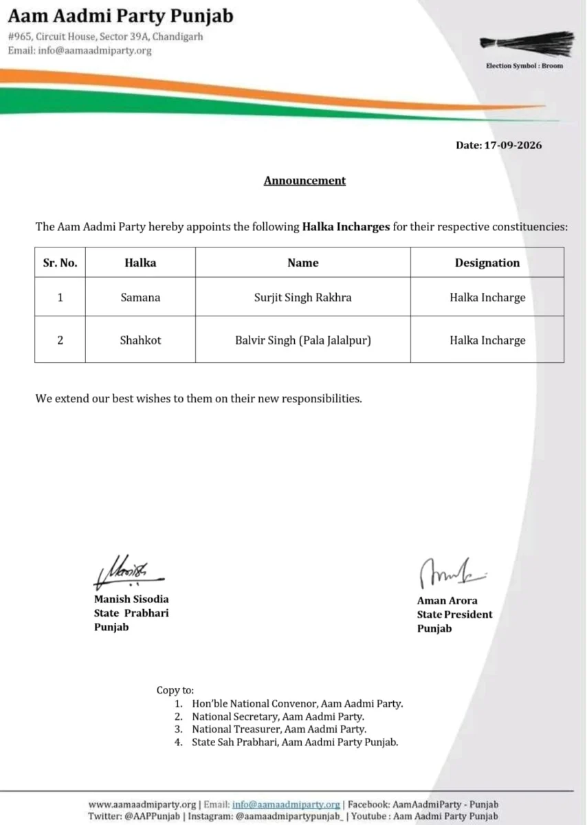 AAP ने सुरजीत सिंह रखड़ा को समाणा का हलका इंचार्ज बनाया, राजनीति में नई हलचल 2 AAP